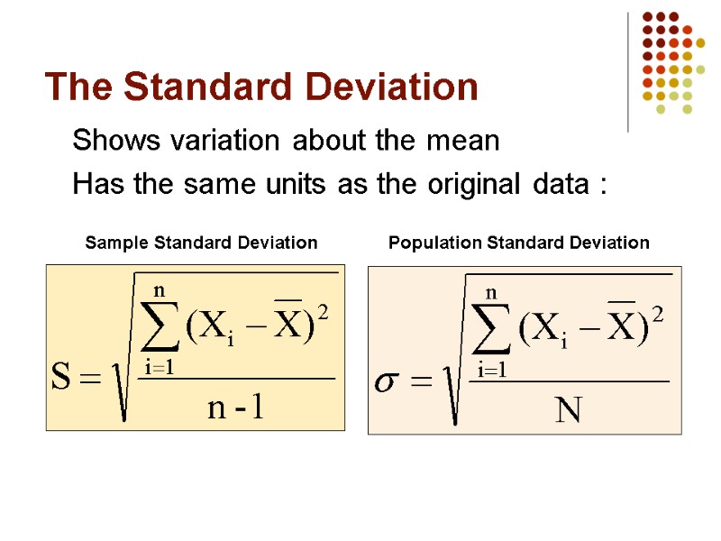 The Standard Deviation Shows variation about the mean Has the same units as the